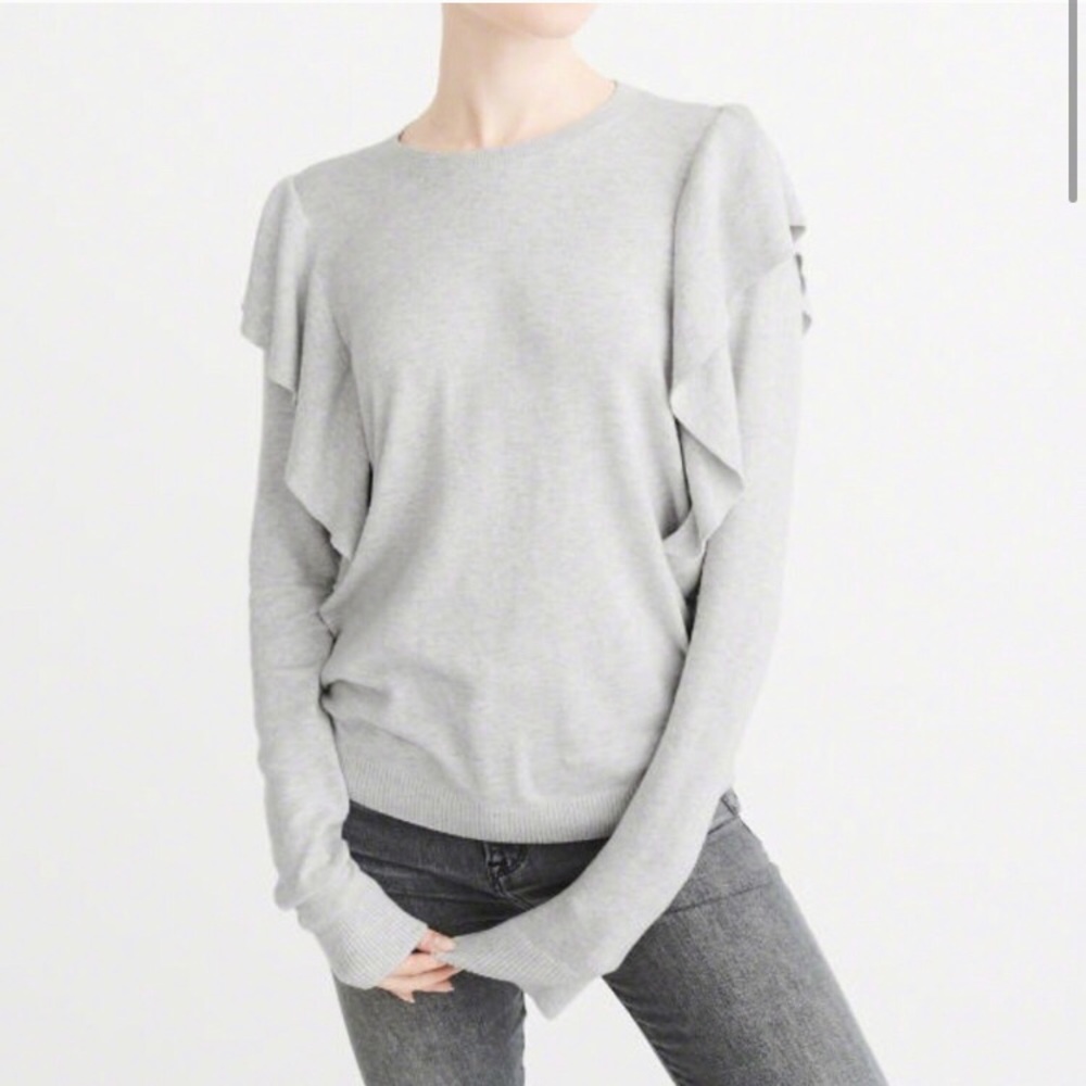 Abercrombie & Fitch Light Gray Ruffle Sleeve Crewneck Sweater